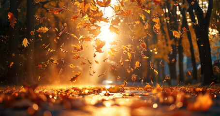 Poster - Autumn scene of falling leaves on the street, sunlight shining through the trees, warm colors. Generative AI.