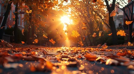 Poster - Autumn scene of falling leaves on the street, sunlight shining through the trees, warm colors. Generative AI.