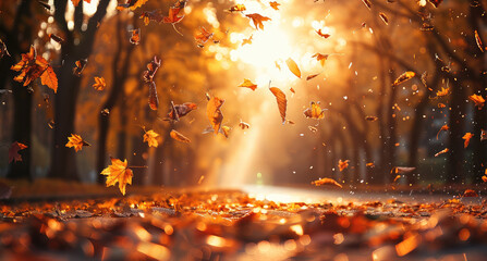 Poster - Autumn scene of falling leaves on the street, sunlight shining through the trees, warm colors. Generative AI.