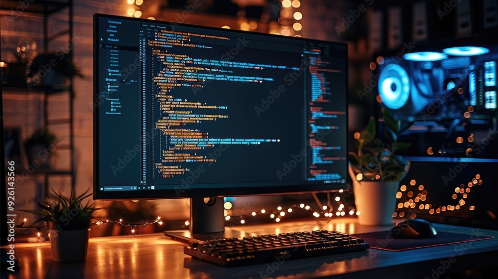 A developer computer in a dark office, the monitor brightly displaying lines of code, the soft glow illuminating the keyboard. Generative AI.