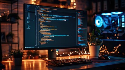 Sticker - A developer computer in a dark office, the monitor brightly displaying lines of code, the soft glow illuminating the keyboard. Generative AI.
