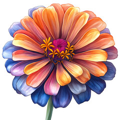 Wall Mural - A vibrant isolated on transparency PNG background, close-up illustration of a multi-colored flower with petals in shades of orange, pink, and blue; ideal for decorative, botanical