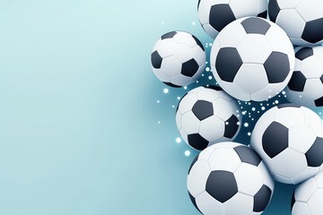 Wall Mural - A dynamic arrangement of soccer balls on a soft blue background, perfect for sports themes and athletic designs.