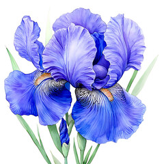 Wall Mural - A vibrant illustration of a blue iris flower with detailed petals and delicate leaves isolated on transparency PNG background, ideal for use in botanical artwork, floral-themed designs