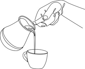 Canvas Print - Hand pouring hot coffee into a cup one line art vector illustration