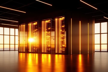 Poster - A modern data center illuminated by sunset, showcasing sleek server racks in a high-tech environment.