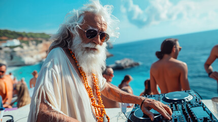 An old cool DJ with white hair and beard playing in front of the sea on an island, with people dancing around him. It was a sunny day with a blue sky. Generative AI.