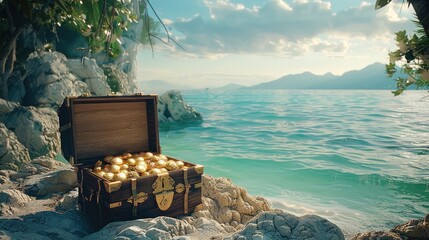 Poster - A spot for pirate treasure on a pirate island, soft even lighting. Generative AI.