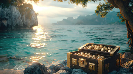 Poster - A spot for pirate treasure on a pirate island, soft even lighting. Generative AI.