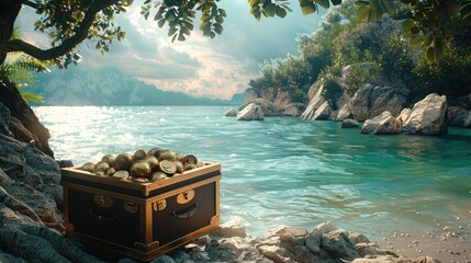 Poster - A spot for pirate treasure on a pirate island, soft even lighting. Generative AI.