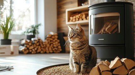 Wall Mural - Room with a pellet and wood stove for heating. Concept Pellet Stove, Wood Stove, Room Heating, Cozy Environment. Generative ai