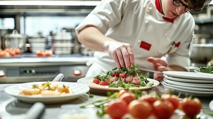 Wall Mural - Arrangement, A chef prepares the arrangement of dishes for a tasting menu, placing each plate with precision. Generative AI.