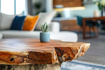 Canvas Print - A stylish wooden coffee table with a succulent plant in a modern living space.