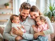 © Sirinporn - Smiling father surrounded by loving family, cradling baby, embracing wife and kids, conveying sense of security, care, and protection, amidst a warm and cozy home atmosphere.