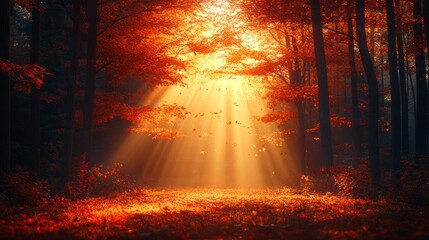Poster - Warm sunlight cascades through a canopy of golden foliage, illuminating the forest floor blanketed in crisp leaves, creating a tranquil autumn atmosphere