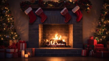 Wall Mural - Beautiful christmas decorated fireplace in dark interior. Neural network ai generated art