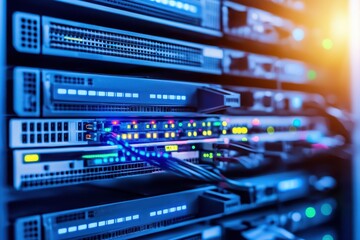 Poster - Close-up of a modern server rack with illuminated network cables and devices showcasing technology and data management.