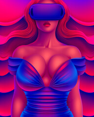 Wall Mural - A woman in a blue dress with a virtual reality headset on her head. The image is colorful and vibrant, giving off a fun and playful vibe