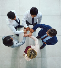 Wall Mural - Business diversity, hands and collaboration together in pentagon shape from above. Corporate team, support and trust for hope, motivation and success working in office with commitment and union care