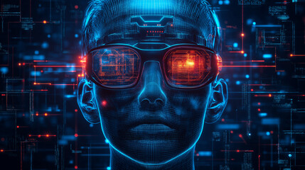 The face of a person wearing high-tech glasses, which represent connectivity and vision in the digital or virtual world. This image represents the development of artificial intelligence (AI).