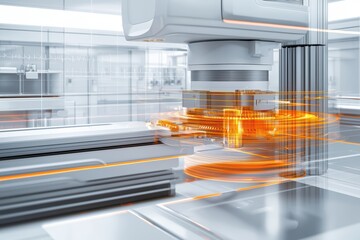Poster - Futuristic industrial machinery with dynamic motion, showcasing precision technology in a modern manufacturing environment.