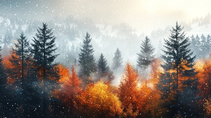 Poster - Vibrant autumn colors emerge through a gentle snowfall, enveloping the forest in a mystical atmosphere as soft light breaks from behind the mountains