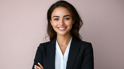 Poster - Portrait of happy woman looks in camera. Beautiful business woman professional in a suit at isolated background.