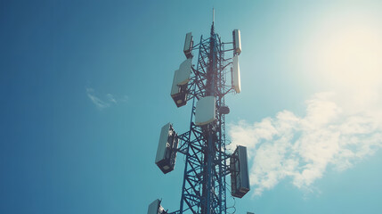 A mobile phone tower with antennas against a blue sky