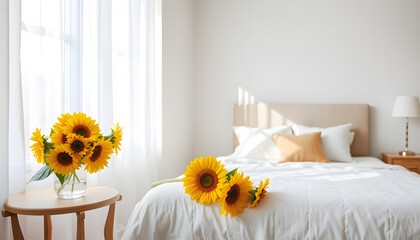 Wall Mural - Interior of light bedroom with cozy bed and beautiful sunflowers on bedside table isolated with white highlights, png