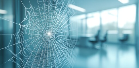 3D illustration of a white spider web, inside an office with glass walls, light background, blurred details, hyper-realistic watercolor illustrations, dark gray and blue tones