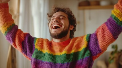 Sticker - A man in a colorful sweater with his arms up and smiling, AI