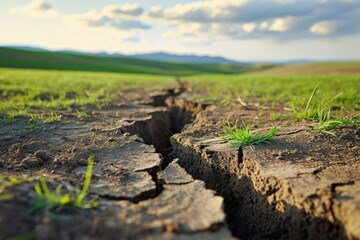 ground crack and green grass in half land landscape outdoors.