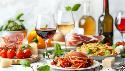 Wall Mural - Still life with various types of Italian food and wine on white table