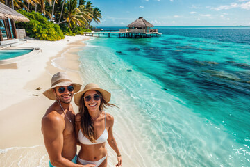 Wall Mural - Happy couple enjoying romantic vacation on tropical island beach