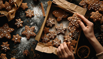 Wall Mural - Christmas gift gingerbread on dark background