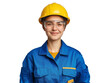 © Omid - smiling female worker in safety helmet and glasses, isolated and happy
