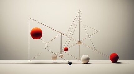 An abstract composition featuring geometric shapes, including spheres and lines, arranged in a dynamic layout. The color palette includes red, white, and black, set against a neutral background.