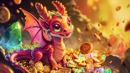 Wall Mural - A cute dragon surrounded by gold coins and colorful gems, with sparkling gemstones scattered around it.