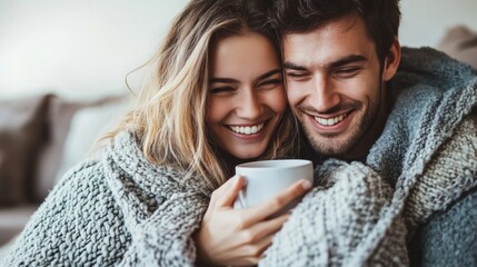 Canvas Print - A man and woman wrapped in a blanket holding coffee, AI