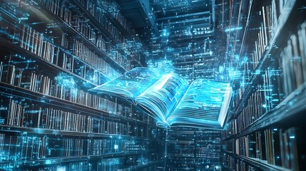 Poster - Futuristic urban library with interactive holographic books and AI-enhanced research tools