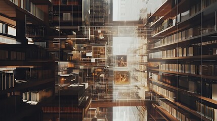 Wall Mural - Futuristic urban library with interactive holographic books and AI-enhanced research tools