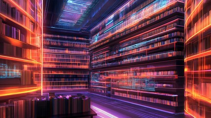 Poster - Futuristic urban library with interactive holographic books and AI-enhanced research tools