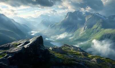 Wall Mural - Mountaintop View with Mist and a Valley of Lakes