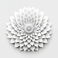 Minimalistic mandala artwork. A symmetrical flower design made of layered white petals, creating a 3D effect against a light gray background. 