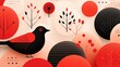 © Aleksander - Minimalism background. A vibrant abstract illustration featuring a black bird with red accents, surrounded by circular shapes in various shades of red and peach.