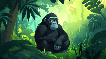 Gorilla looking up and standing on the rock, high angle view Gorilla and Tropical rain forest cartoon style of a gorilla in the jungle, Generative AI 