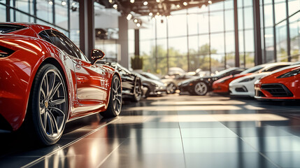 Car parked at outdoor parking lot Abstract background of blurred new cars dealership place Cars in dealership stock, both new and preowned, Generative AI