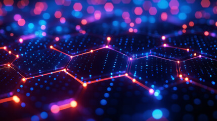 Poster - Colorful hexagonal abstract pattern with glowing dots in a digital space