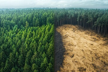 A surreal image featuring a contrast between a healthy forest and a deforested area. On one side, lush greenery and tall trees thrive, while on the other, bare, cut-down stumps and dry ground