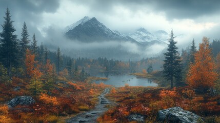 Poster - Golden leaves surround a still lake, reflecting the mountains shrouded in fog under a moody sky at sunrise